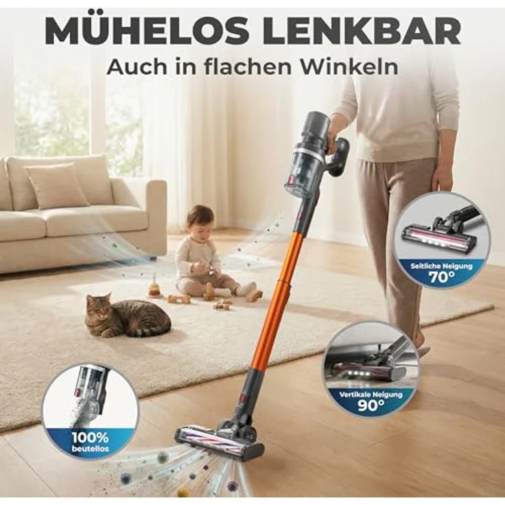 KLAMER Akku Staubsauger 2-in-1, kabellos & Handstaubsauger mit 60 min Akkulaufzeit, für Teppich, Auto, Hartböden, Polster & Tierhaare, LED-Bodenkopfbeleuchtung – Bild 5