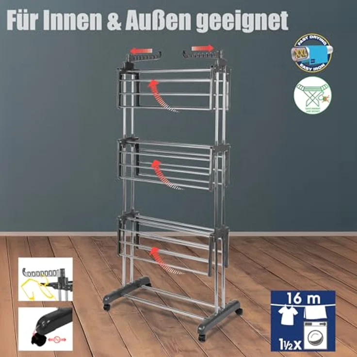 BigDean Wäscheständer Turm 16m Trockenlänge mit 3 Ebenen und 4 Rollen in Grau - Platzsparend und vielseitig einsetzbar – Bild 4
