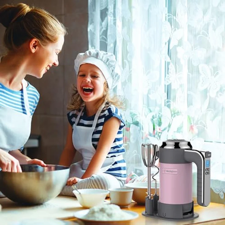 Westinghouse Retro Handmixer, 5 Geschwindigkeitsstufen + Turbofunktion, 2 Rührbesen, 2 Knethaken, LCD-Anzeige, Timer, Sockelboden, Aufbewahrungstasche, 350 Watt, pink – Bild 5