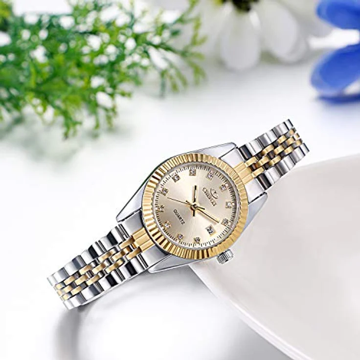 JewelryWe Paar Uhr Analog Quarz mit Gold Strass Zifferblatt, 30M wasserdicht, Edelstahl Armband für Damen und Herren – Bild 3