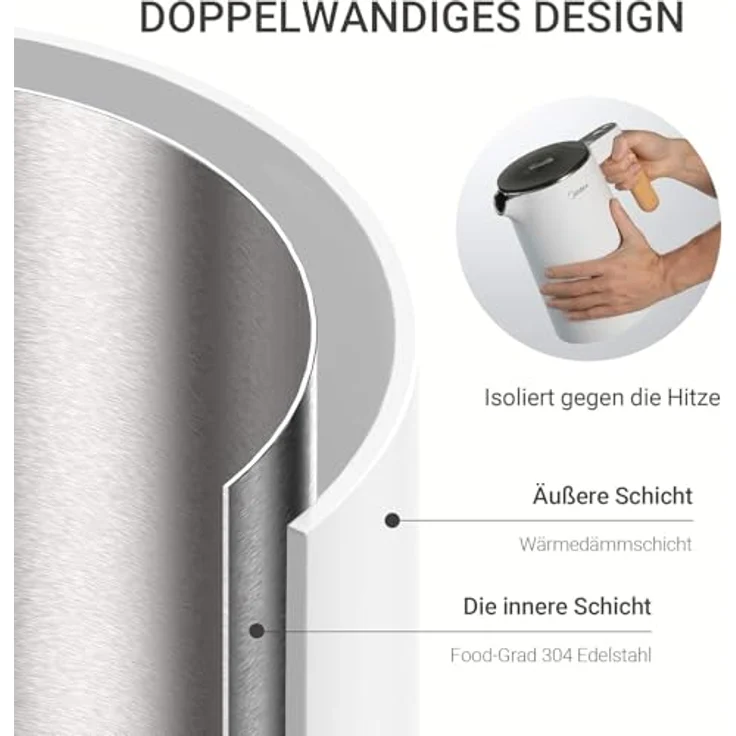 Midea Edelstahl Wasserkocher M1, Teekocher mit Temperatureinstellung 45℃-100℃, 1,5L, 2200W, mit Temperaturanzeige, Sicherheitsfunktionen und Doppelwand-Design, weiß – Bild 5