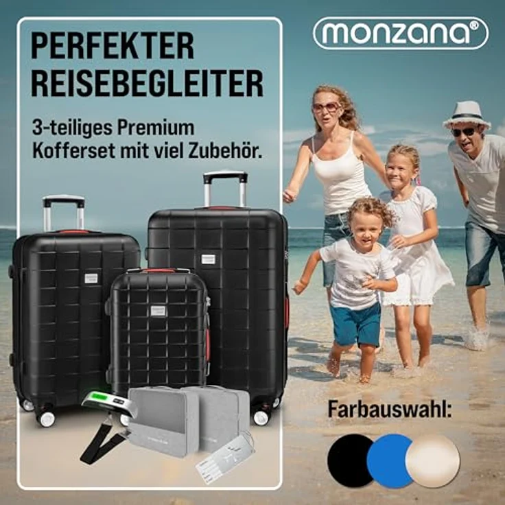 Monzana 3tlg. Kofferset TSA Schloss Organizer Kofferwaage Gurt Gel-Griffe Zwillingsrollen Standfüße Trolley Reisekoffer Hartschalen Koffer M-L-XL in Schwarz – Bild 2