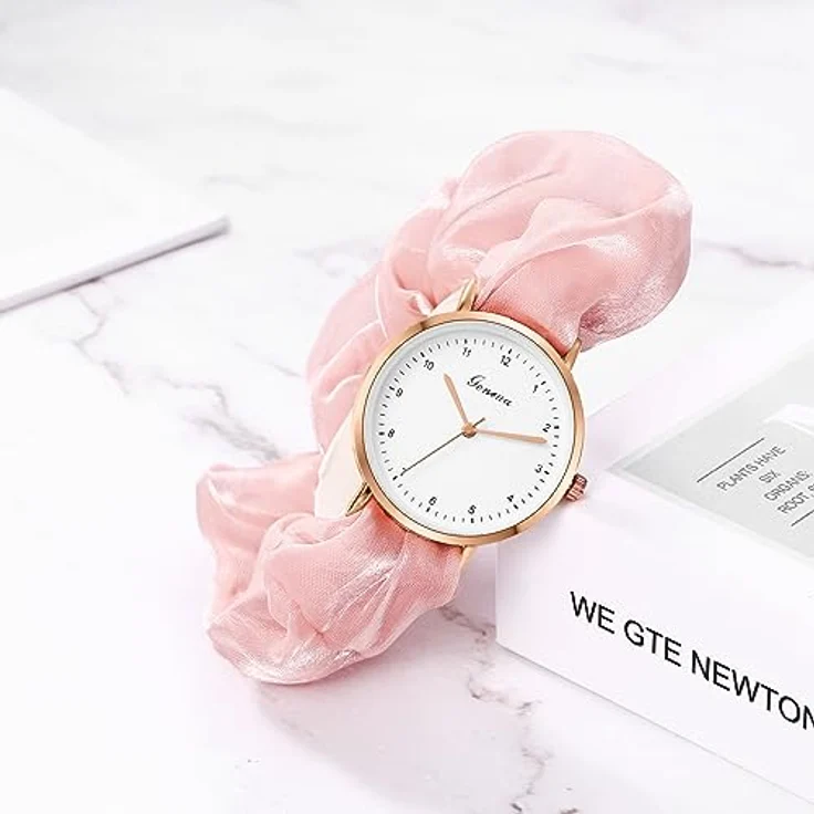 JewelryWe Damen Elastisch Haarband Uhr - Einfache Analog Quarz Armbanduhr mit Rosa Haargummi und großem Zifferblatt – Bild 5