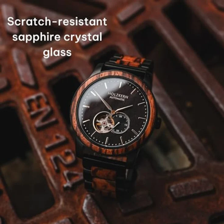HOLZKERN Herrenuhr Automatik San Francisco, Zebrano/Ahorn, Edelstahl schwarz, Chronograph, kratzfest, Mineralglas – Bild 5