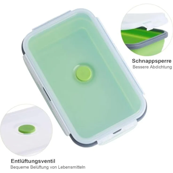 König Design Faltbare Frischhalteboxen 4 Stück aus Silikon - Set mit 4 unterschiedlichen Größen, auslaufsicher, 4-fach-Klick-Verschluss (Grün) – Bild 3