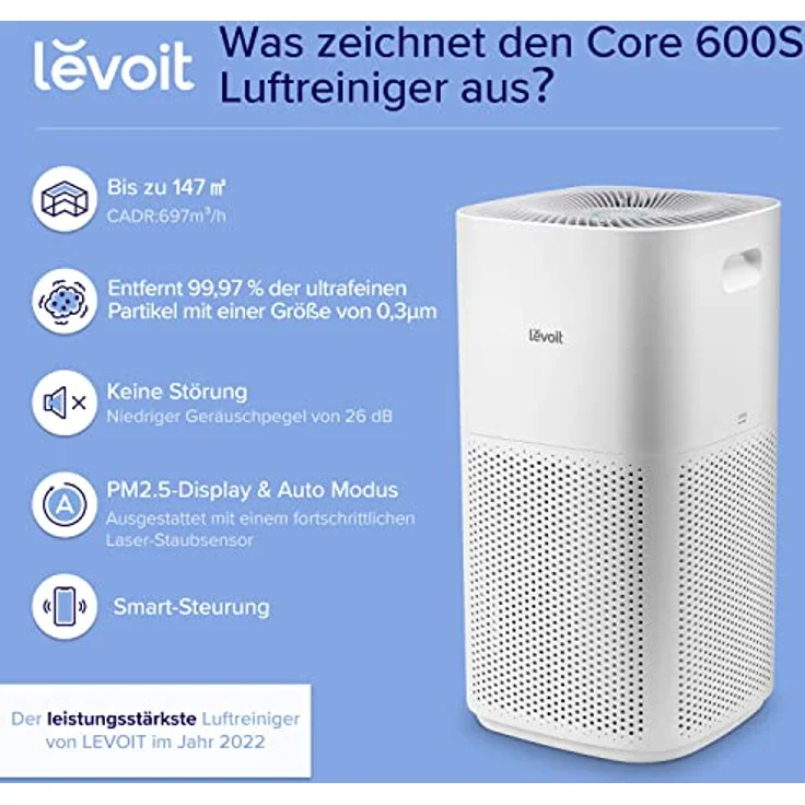 Levoit Core 600S LAP-C601S Smart Luftreiniger, 49 Watt, HEPA-Filter, weiß – Bild 3