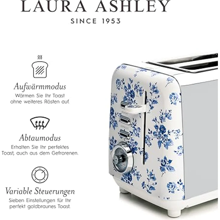 VQ Laura Ashley 2-Scheiben-Toaster, Edelstahl Vintage-Toaster mit 7 Bräunungsstufen, Auftau- und Aufwärmmodi, Warmhalterost, Farbe: China Rose – Bild 5
