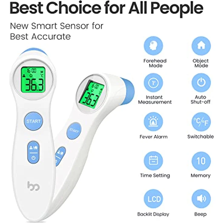 Fieberthermometer für Babys, Kinder und Erwachsene, kontaktloses Stirnthermometer Infrarot Thermometer mit sofortiger genauer Ablesung, Fieberalarm, Weiß, Digital – Bild 2
