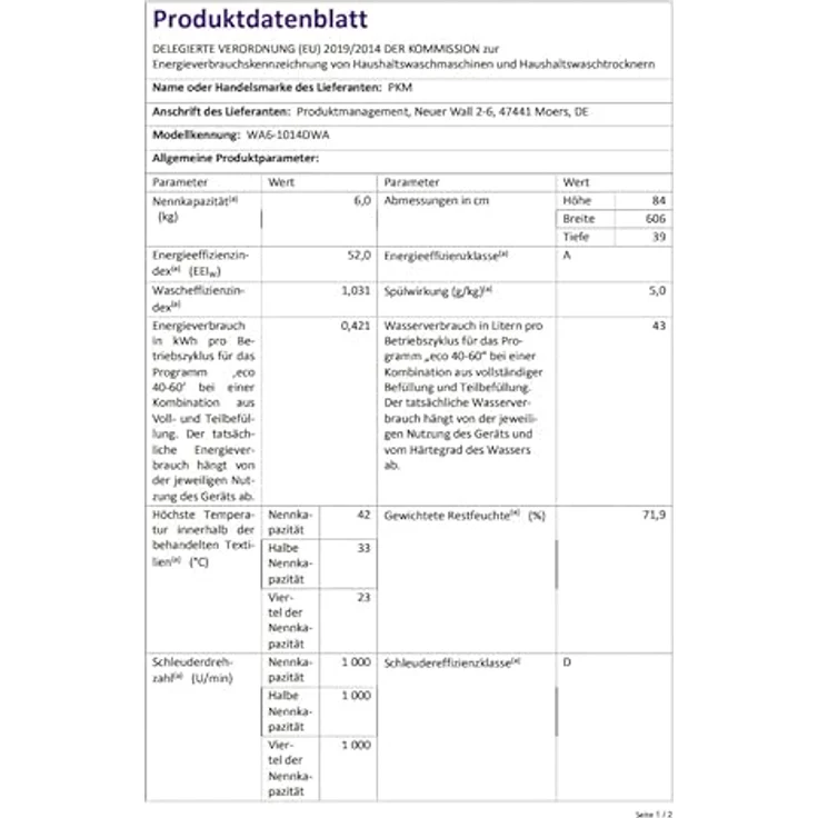 PKM WA6-1014DWA Frontlader Waschmaschine, 6 kg, 14 Programme, Steam Funktion, Kindersicherung, Energieeffizienzklasse A – Bild 2