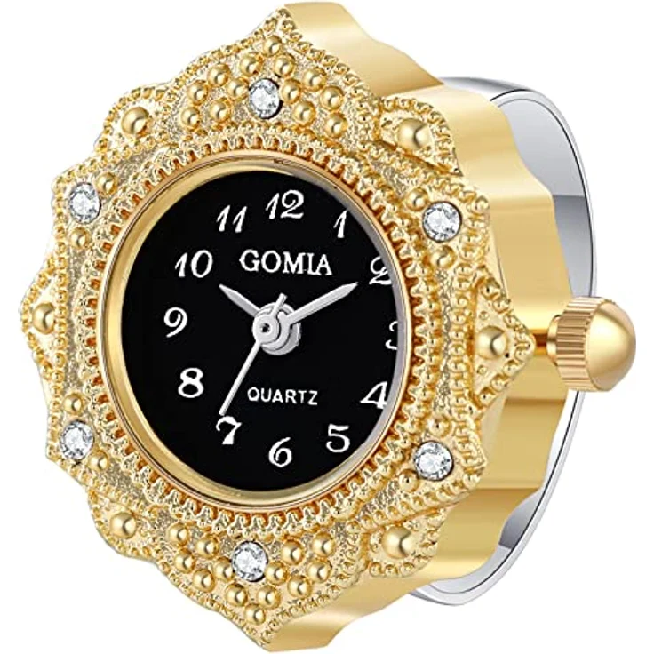 JewelryWe Ringuhr Fingeruhr Damen Analog Quarz Retro, Edelstahl verstellbar mit schwarzem Zifferblatt und goldenem Gehäuse, 3ATM wasserdicht – Bild 1