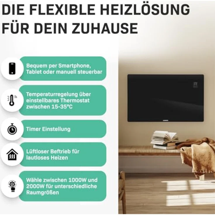 VONROC Elektroheizung, Konvektor-Heizung - Energiesparende elektrische Heizung bis 24m2 - 2 Stufen 1000W & 2000W, Manuelle/App Steuerung - Schwarz – Bild 3