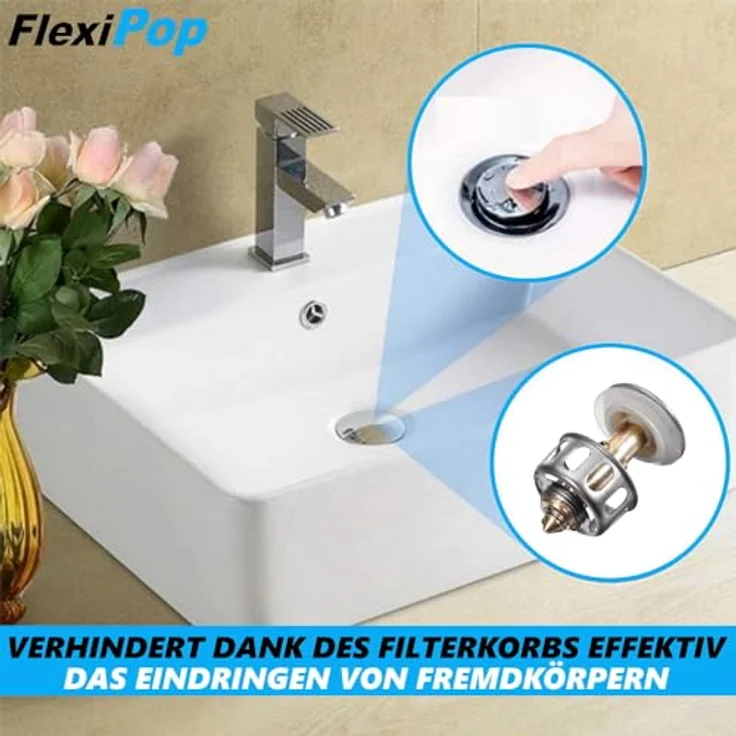 FlexiPop Abfluss Stopfen Abflussstopper Stöpsel Waschbecken, POP UP Stöpsel Ablaufgarnitur Filter Ablauf Garnitur Sieb 35mm – Bild 2