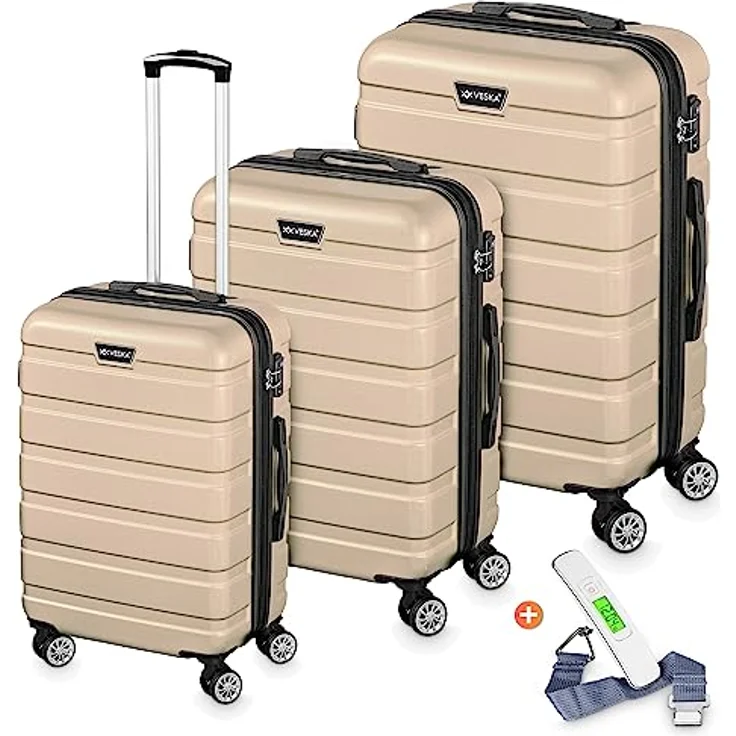 VESKA 3tlg. Hartschalenkofferset Hard Shell Reisekoffer Kofferset Trolley Koffer Hartschalenkoffer Reisekofferset Rollkoffer TSA Zahlenschloss 4 Rollen ABS-Hartschale M-L-XL (Champagner) – Bild 1