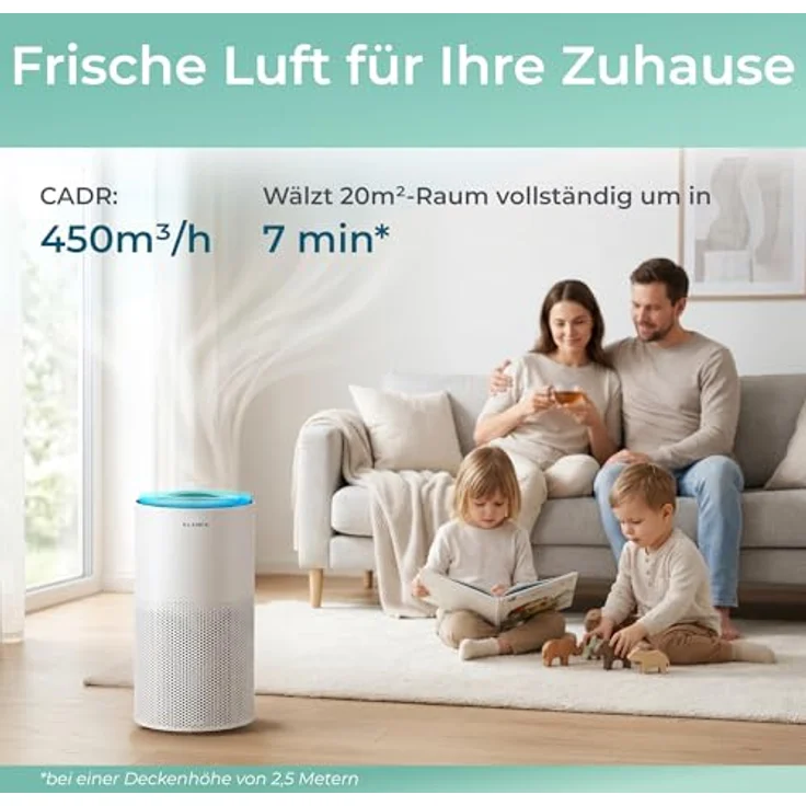 KLAMER Luftreiniger 600i, HEPA Filter mit 450 m³/h CADR, für Räume bis 55m², entfernt 99,9% Pollen, Staub, Viren und Allergene, 3 Modi inkl. Automatikmodus – Bild 3