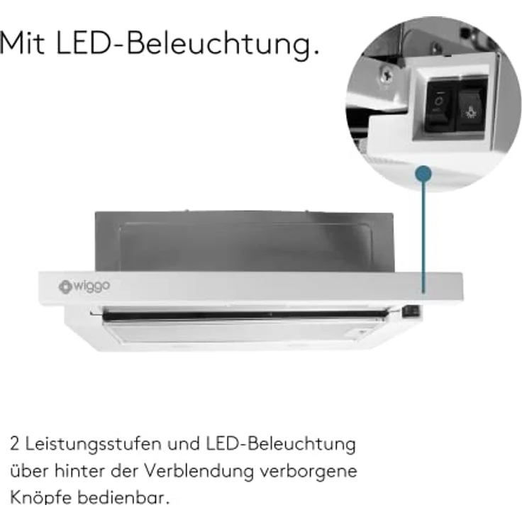 Wiggo Dunstabzugshaube 60cm WE-632R weiß I Flachschirmhaube für Abluft oder Umluft Dunstabzug 300m³/h mit LED-Beleuchtung I Einbau-Dunstabzugshaube inkl. Fettfilter & 2× Kohlefilter – Bild 4
