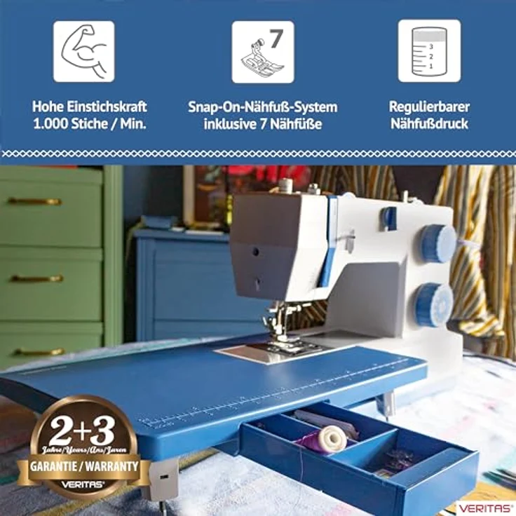 VERITAS Power Stitch 21 Denim Nähmaschine, mit XXL-Anschiebetisch und Fußpedal, bis zu 1.000 Stiche/Min, anpassbarer Nähfußdruck, inkl. Staubschutzhülle – Bild 3