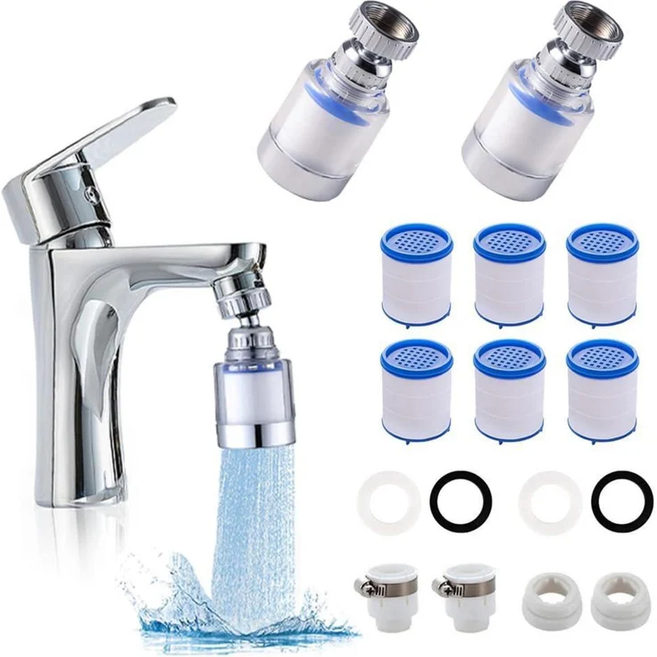 Wasserhahnfilter 2 Stück, 360° drehbar mit 6 PP-Baumwoll-Filterelementen für sauberes Trinkwasser in Küche & Bad