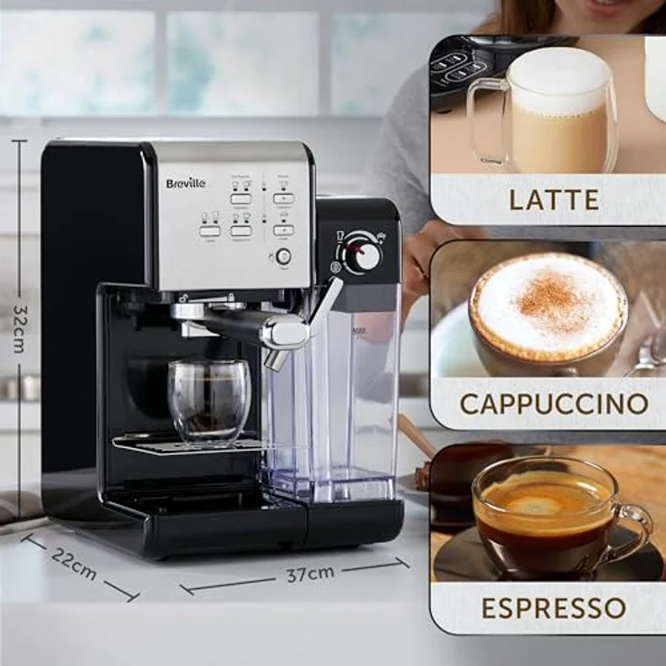 Breville PrimaLatte II Kaffee- und Espressomaschine VFC108X-01, 19 bar, für Kaffeepulver oder Pads geeignet, Integrierter automatischer Milchschäumer, schwarz-silber – Bild 3