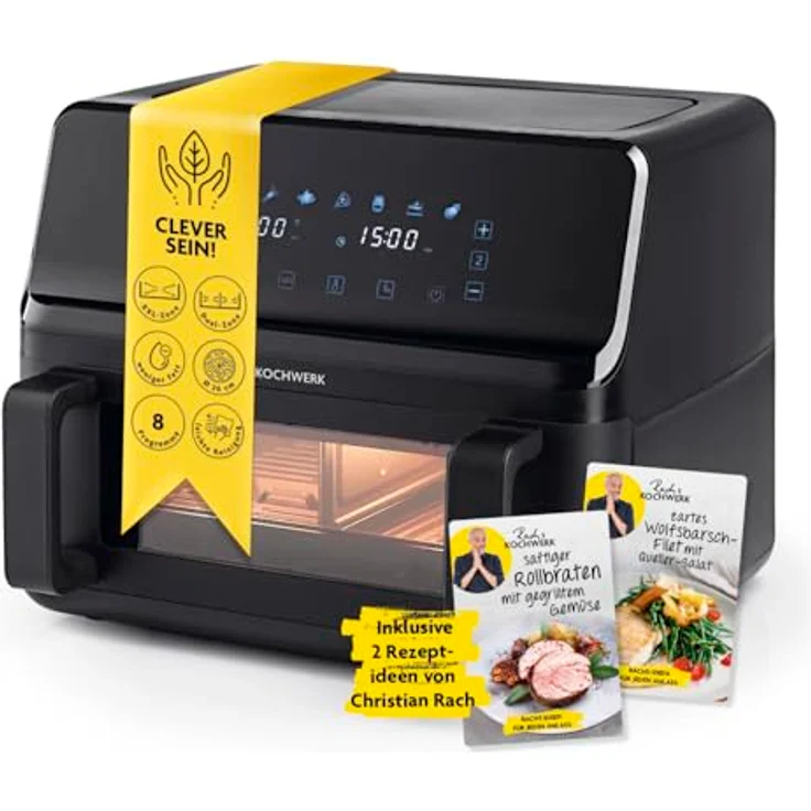 KOCHWERK Vario-Doppelkammer Heißluftfritteuse 9 L | Airfryer mit teilbarer Kammer, Touchscreen & 8 Programmen | Frittieren ohne Öl - fettarm | 2700 W Smart-Cook Funktion, Silber – Bild 1