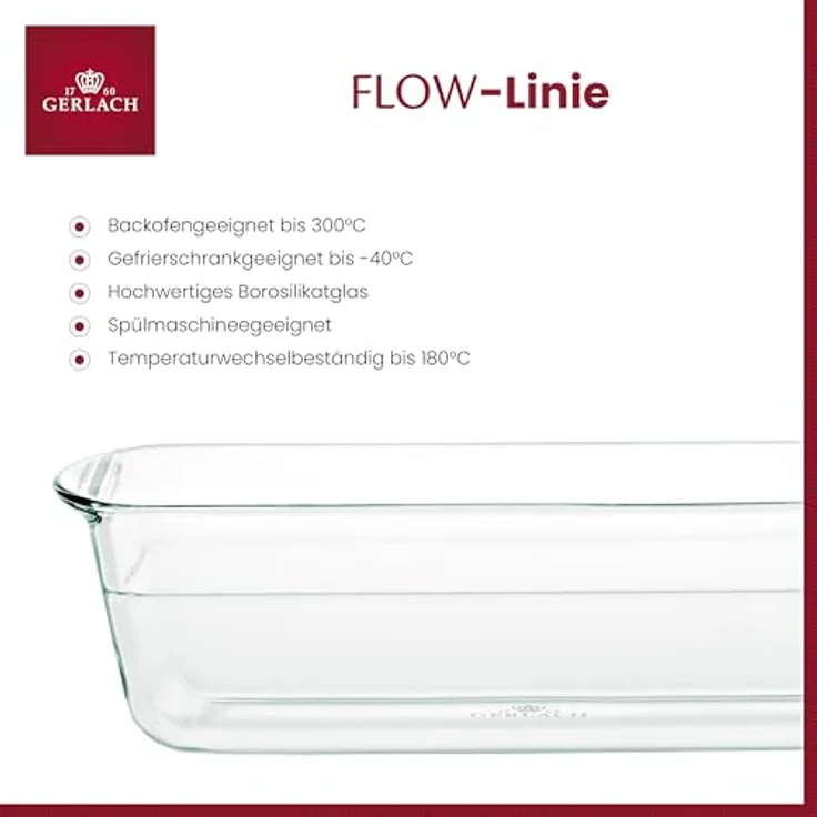 Gerlach 1760 Kastenform Flow, 1,5 l hitzebeständiges Borosilikatglas, rechteckig 25 x 11 cm, spülmaschinenfest und mikrowellengeeignet – Bild 2