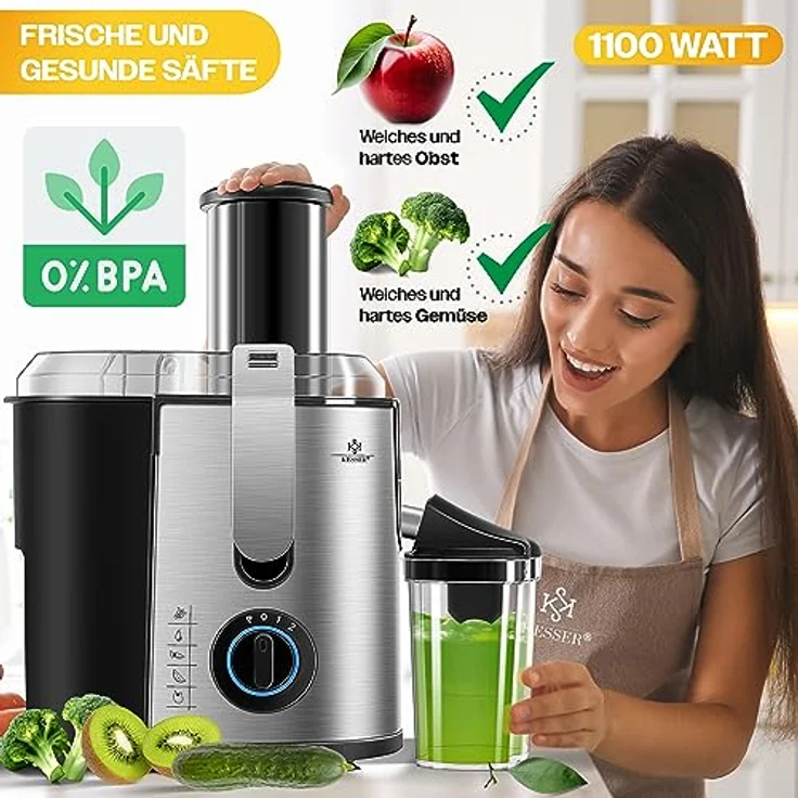 KESSER S030M0384A1P2 Entsafter für Obst und Gemüse, 1100W, große 85 mm Einfüllöffnung, inkl. Reinigungsbürste und Saftbehälter, 3 Geschwindigkeitsstufen, aus Edelstahl, silber – Bild 2