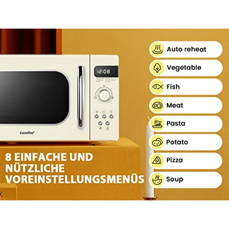 Comfee CMSRO 20 di cr Mikrowelle im Retro-Stil / Retro-Mikrowellenherd mit 8 Auto-Menüs, 5 Kochleistungsstufen, Express-Kochtaste,Express-Kochtaste, 20L, 800W, Apricot Cream – Bild 3