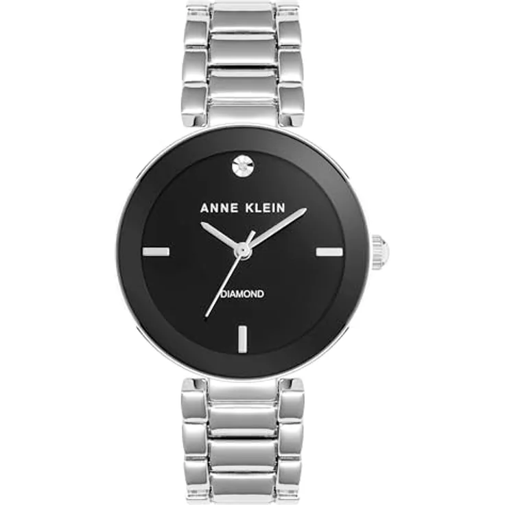 Anne Klein Damen-Armbanduhr AK/1363BKSV, 32 mm mit echtem Diamant-Zifferblatt, Schwarz/Silber, verstellbares Gliederarmband