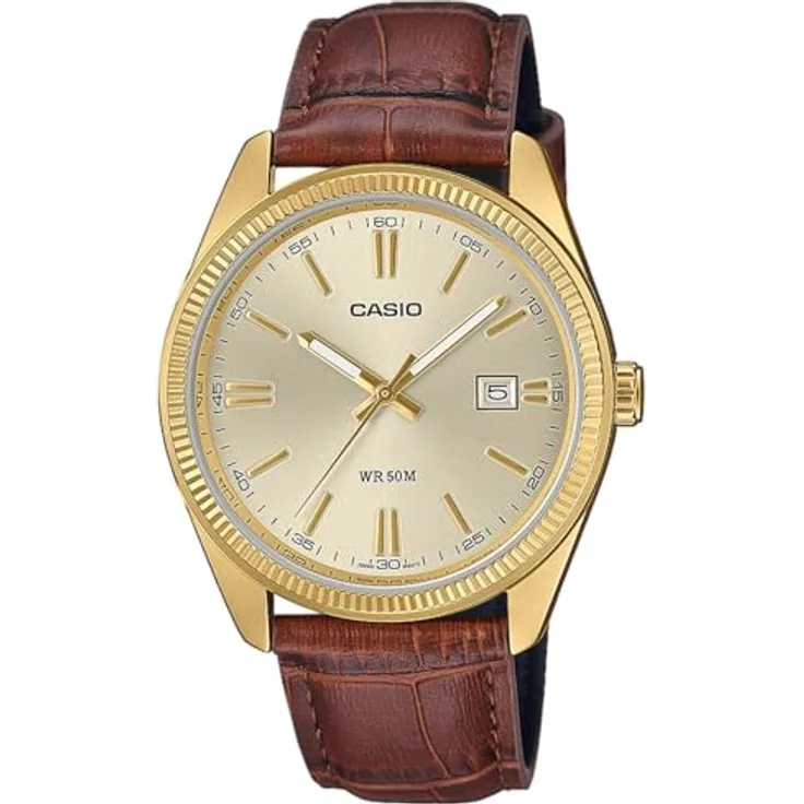 Casio Herrenuhr Quarz mit Lederband MTP-1302PGL-9AVEF, Edelstahl beschichtet, goldene Zifferblatt