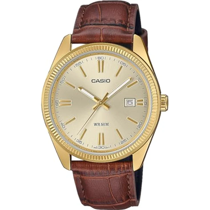 Casio Herrenuhr Quarz mit Lederband MTP-1302PGL-9AVEF, Edelstahl beschichtet, goldene Zifferblatt – Bild 1