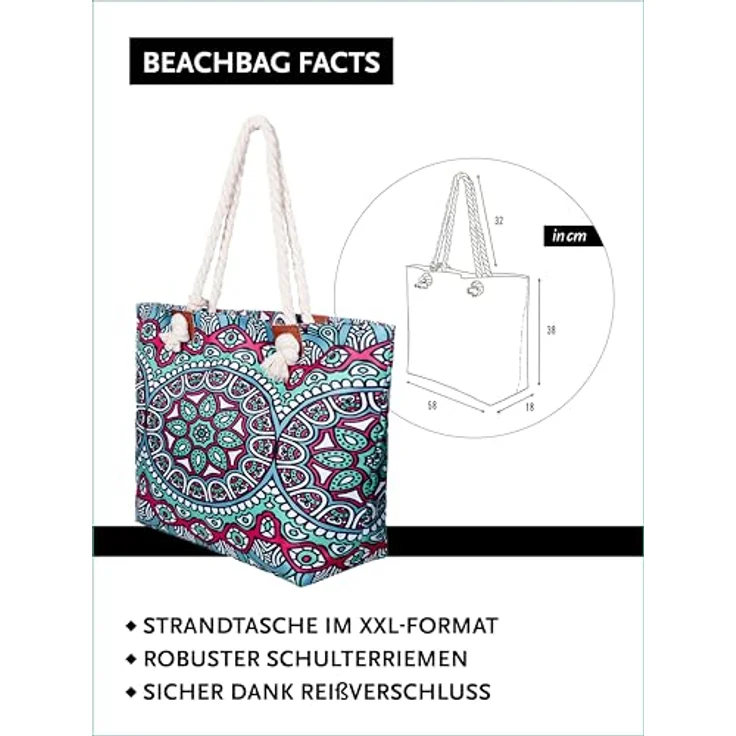 DonDon Strandtasche XXL mit Reißverschluss, praktische Shopper Tasche Damen in Indian Temple Design, 58x38x18 cm mit Innenfach und kleiner Extra-Tasche – Bild 2
