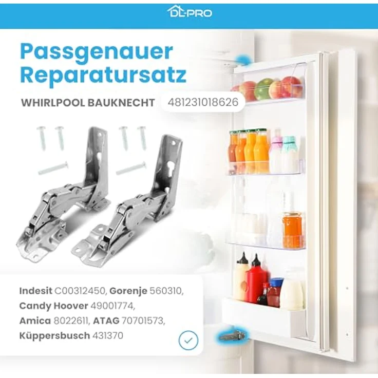 DL-pro Türscharnier Set oben + unten für Whirlpool Bauknecht Ignis 481231018626, Indesit Hotpoint C00312450, 2 Scharniere mit Montagesatz, robust und langlebig – Bild 2