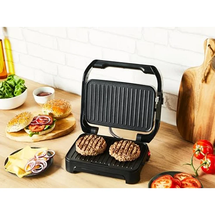 Tefal Inicio Compact 2-in-1 Kontakt- und Paninigrill, 1000 W, Edelstahlgehäuse, Saftauffangschale, antihaftbeschichtete Grillplatten, Edelstahl/Schwarz – Bild 3
