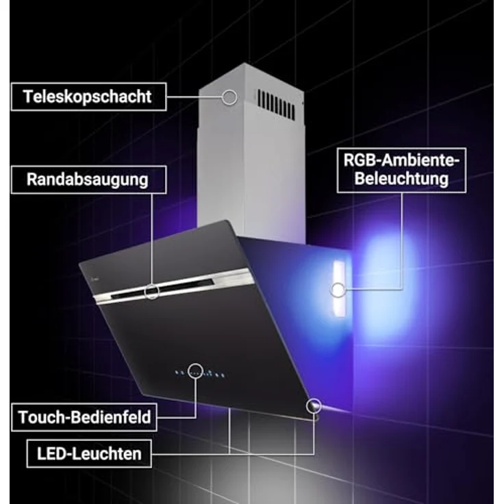 KKT KOLBE AURORA9005SE, Dunstabzugshaube 90 cm, A+++ Energieeffizienz, 782 cbm/h, Umluft/Abluft, kopffrei, Schwarz Silber Edelstahl, Nachlaufautomatik, Smart WiFi App, SensorTouch, RGBW LED – Bild 4