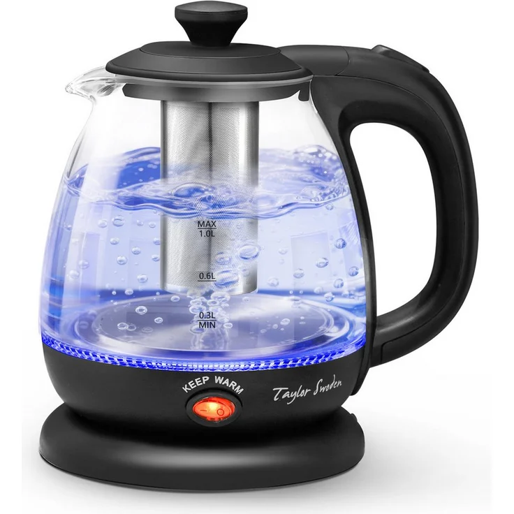 Taylor Swoden Reisewasserkocher, 1L Glas Wasserkocher mit 2200W, Warmhaltefunktion, LED Leuchtanzeige, BPA-frei