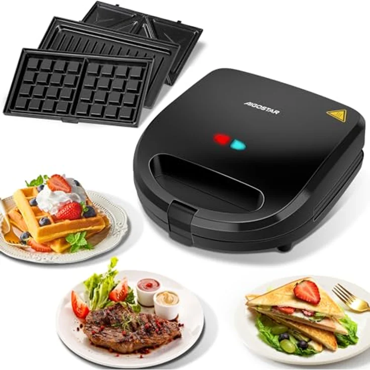 Aigostar Sandwichmaker 3 in 1, Sandwichtoaster, Kontaktgrill, Waffeleisen 3 in 1, 3 Abnehmbare, Spülmaschinengeeignete und Antihaftbeschichtete Grillplatten, Dreieckig Sandwich Maker 30JVU, 750 W – Bild 1