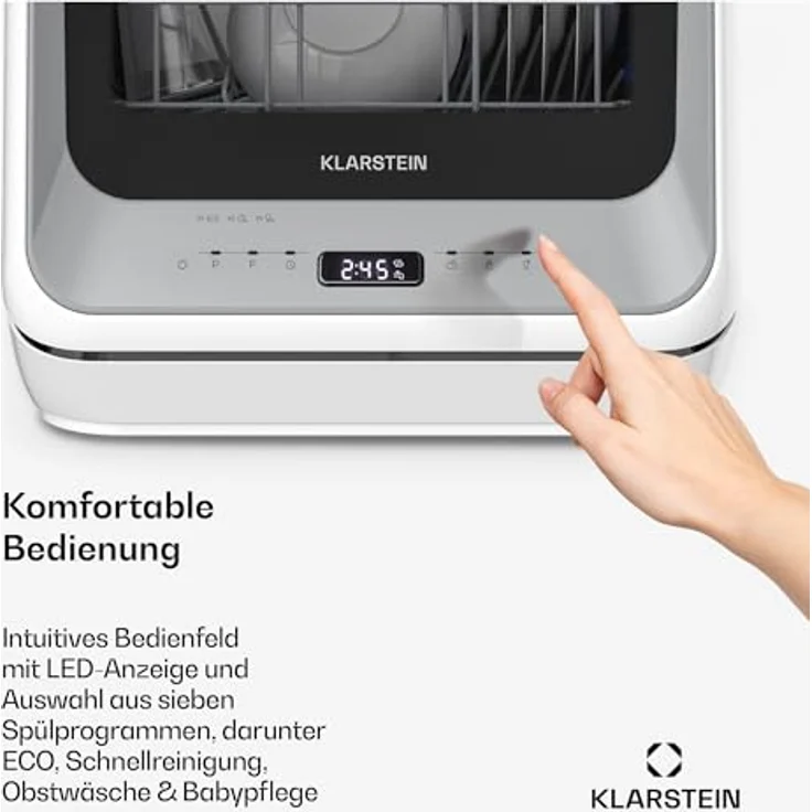 Klarstein Amazonia Mini Geschirrspüler, Kompakte Tischspülmaschine mit Wassertank, 7 Programme, 5L Wasserverbrauch, Digitalanzeige, Leise 58dB, Tragbar, Silber – Bild 4