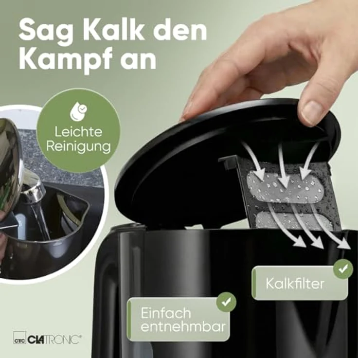 Clatronic WK 3834 Wasserkocher 1L, 900W, BPA-frei, Einhandbedienung, Wasserstandsanzeige, Überhitzungsschutz, schwarz – Bild 5