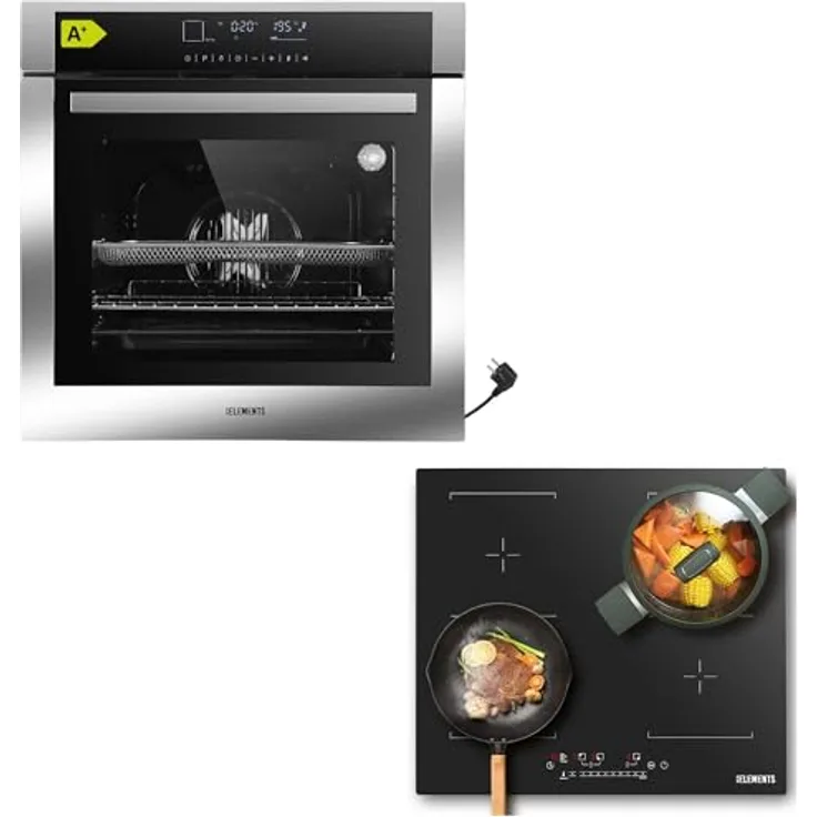 KB ELEMENTS Herdset | 60cm Einbaubackofen mit 59cm kratzfestem Induktionskochfeld, 2 Flexzonen, Air Fry und AQUA CLEAN