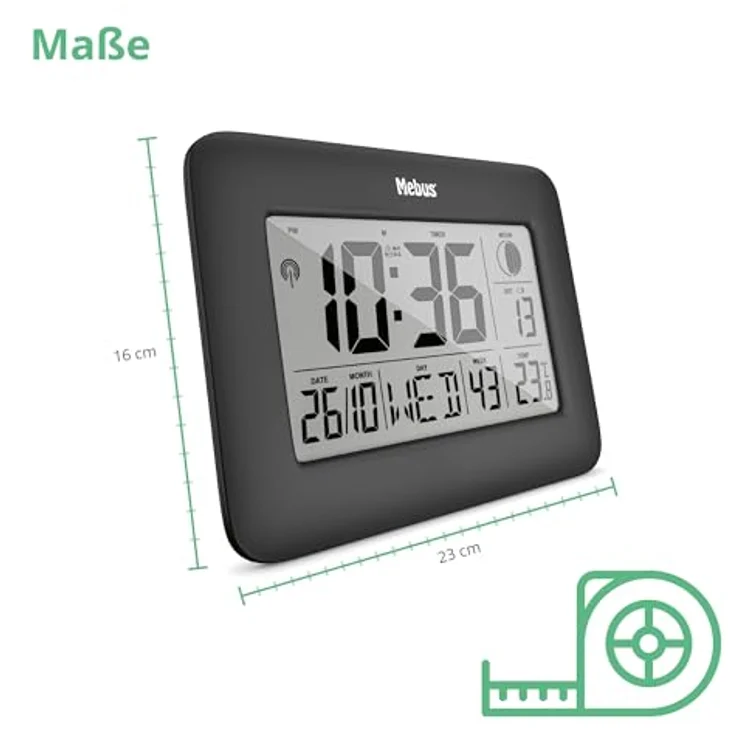 Mebus Funkwanduhr 46732, Tisch-Uhr mit Innenthermometer, zwei Weckzeiten, Kalender, Mondphase, Schwarz – Bild 2