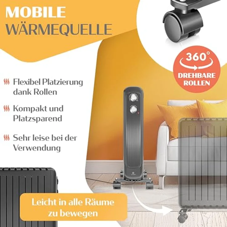 KESSER® Ölradiator 2500W, Elektroheizung mit Thermostat, 3 Heizstufen, Überhitzungsschutz, bewegliche 360° Rollen, Schwarz – Bild 4