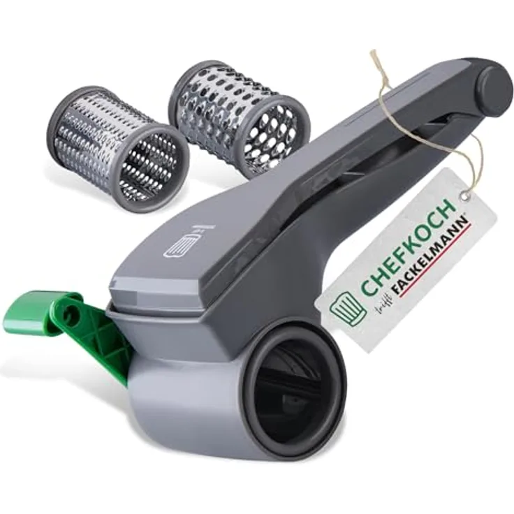FACKELMANN Chefkoch Trommelreibe mit Kurbel, 3 Einsätzen für Gemüse, Käse und Nüsse – Leichtes Befüllen durch große Öffnung, 21 cm x 10,5 cm x 10 cm