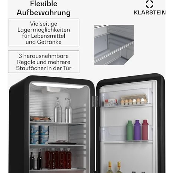 Klarstein Audrey Evo Retro Kühlschrank, 112L, Kühlschrank ohne Gefrierfach, leise 40 dB, wendetür, verstellbare Füße, 0–10 °C, schwarz – Bild 5
