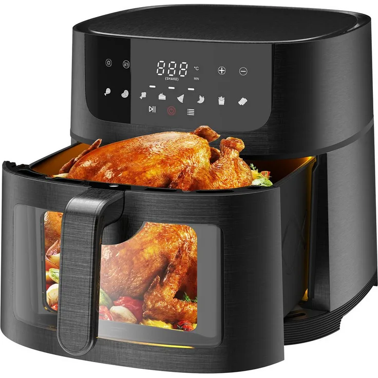 Comfy Mate Heißluftfritteuse XXL 9L, Schwarz, mit Sichtfenster, 8 Programmen, einstellbarer Zeit- und Temperatureinstellung, spülmaschinengeeignet, 1800 W, inkl. Rezeptbuch