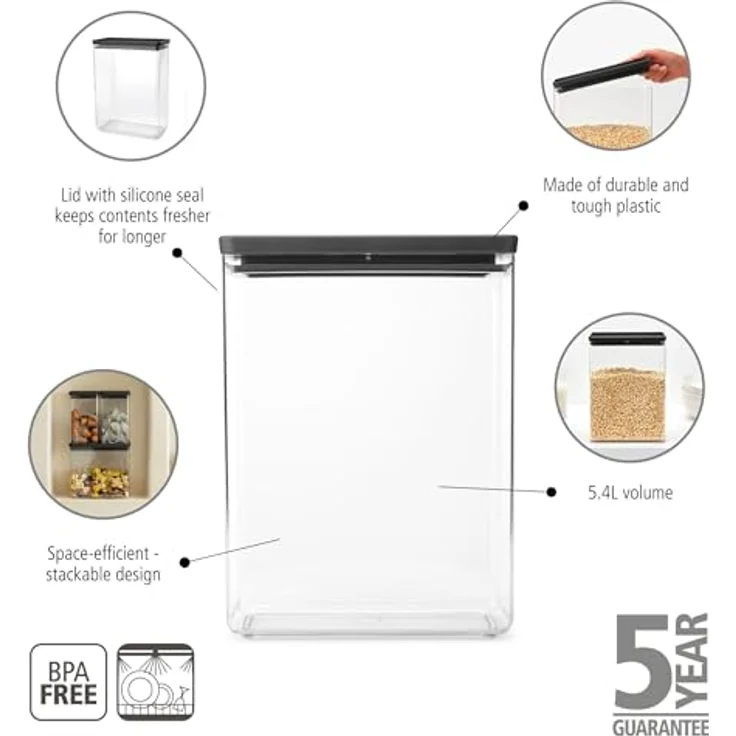 Brabantia Tasty XXL Vorratsbehälter, Rechteckig, 5,4 L, Dunkelgrau/Transparent, Stapelbar und Spülmaschinenfest – Bild 2