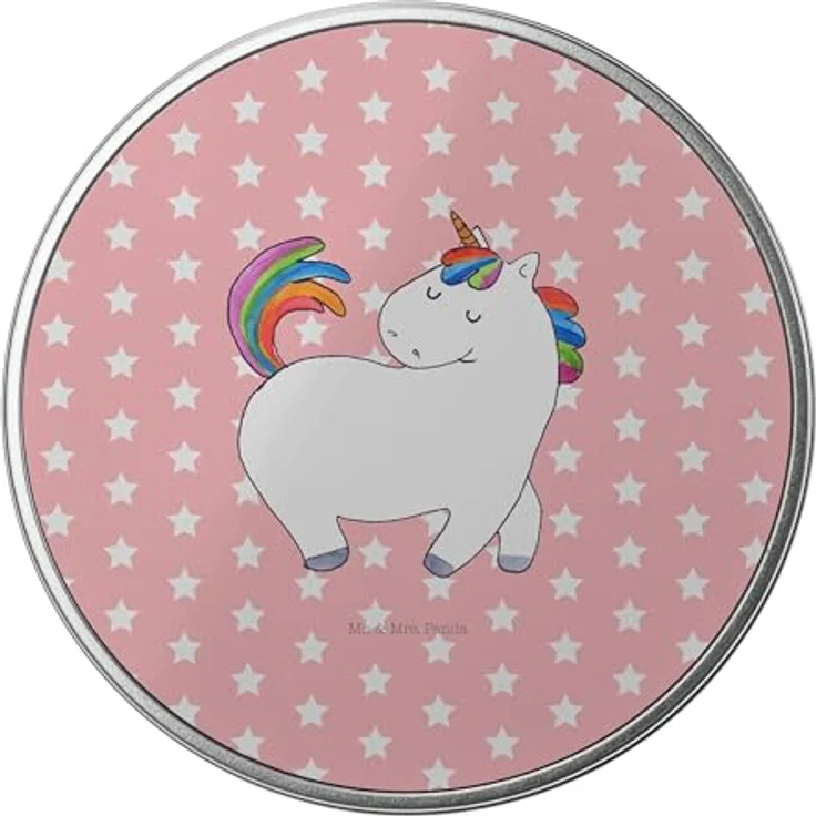 Mr. & Mrs. Panda Blechdose rund Einhorn Stolzieren - Rot Pastell - Metalldose für Kekse und Geschenke - Einhorn Deko – Bild 3