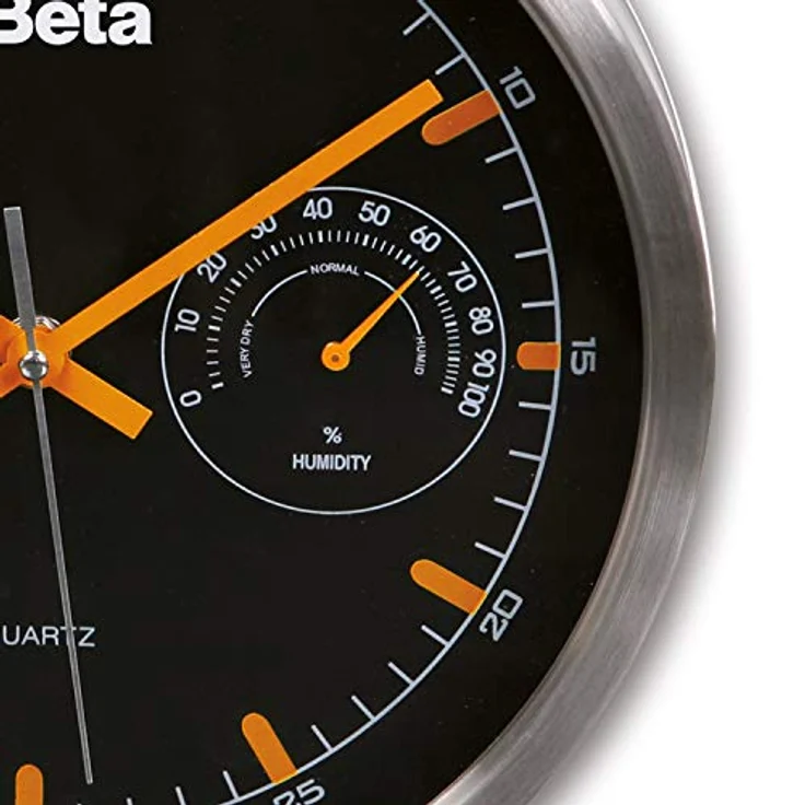 Beta 9594 Wanduhr mit Thermometer und Luftfeuchtigkeitsmesser, Multifunktionale Quarzuhr für die Werkstatt (26 cm Durchmesser, misst Temperatur und Luftfeuchtigkeit), Schwarz/Orange/Silber – Bild 4