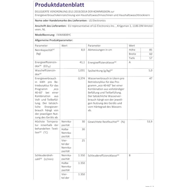 LG F4WX808YC, 8kg Inverter Direct Drive Waschmaschine in Weiß mit TurboWash® und Steam Technologie – Bild 8