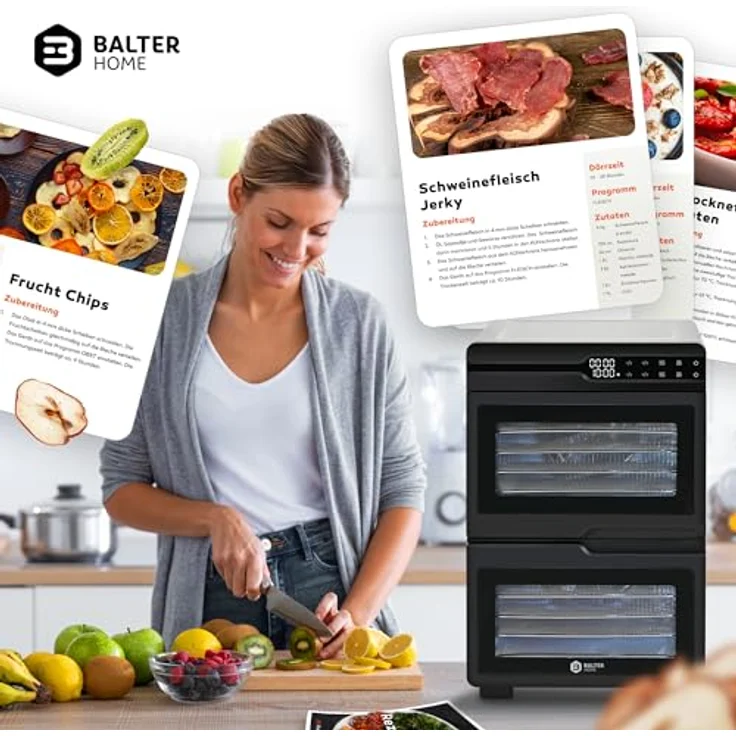 Balter Dörrautomat DA-107, Edelstahl Dehydrator mit 2 Kammern, 12 Etagen, 1000 W, 8800 cm² Dörrfläche, BPA-frei, 35–75 °C, Timer bis 48 Std, Warmhaltefunktion, inklusive Rezeptbuch – Bild 4