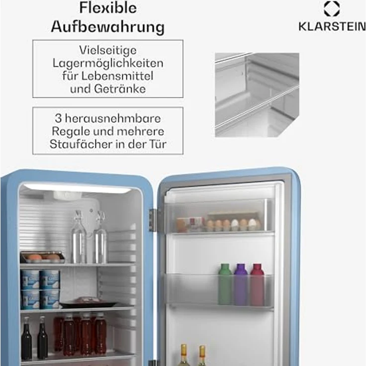 Klarstein Audrey Evo 112L Retro Mini-Kühlschrank, leise 40 dB, wendbare Tür, verstellbare Füße, blau – Bild 5