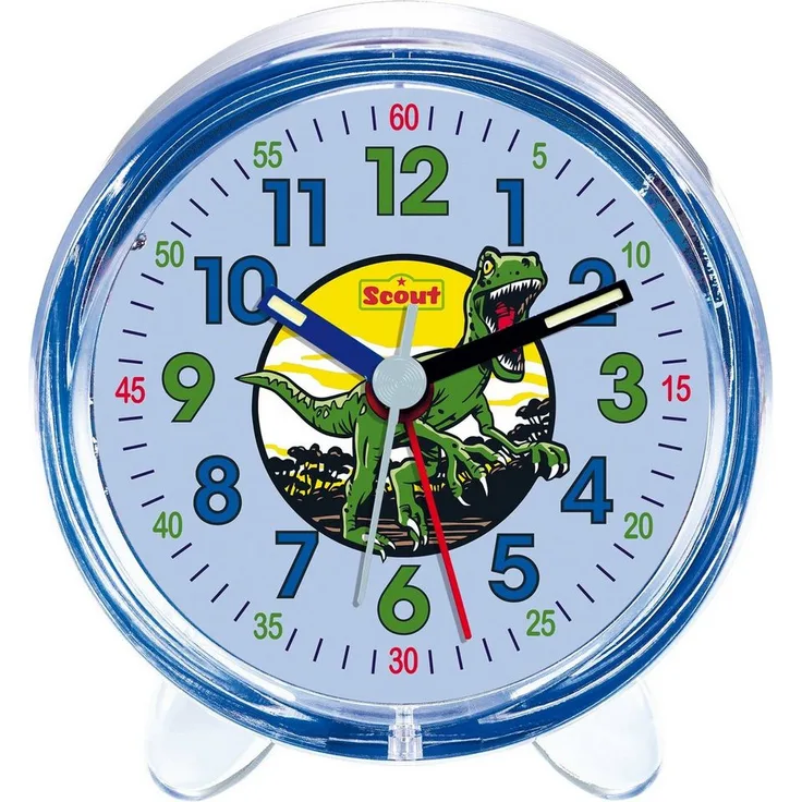 Scout Quarzwecker Dinosaurier, 280001044 Kinderwecker mit ruhigem Uhrwerk, Zifferblattbeleuchtung und Alarmwiederholung, Dino-Motiv aus der Serie "Green Rex"